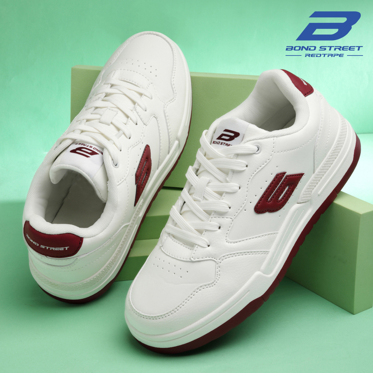Bond Street Men's White and Red Casual Sneakers — white base with bold red accent, lace-up casual sneaker