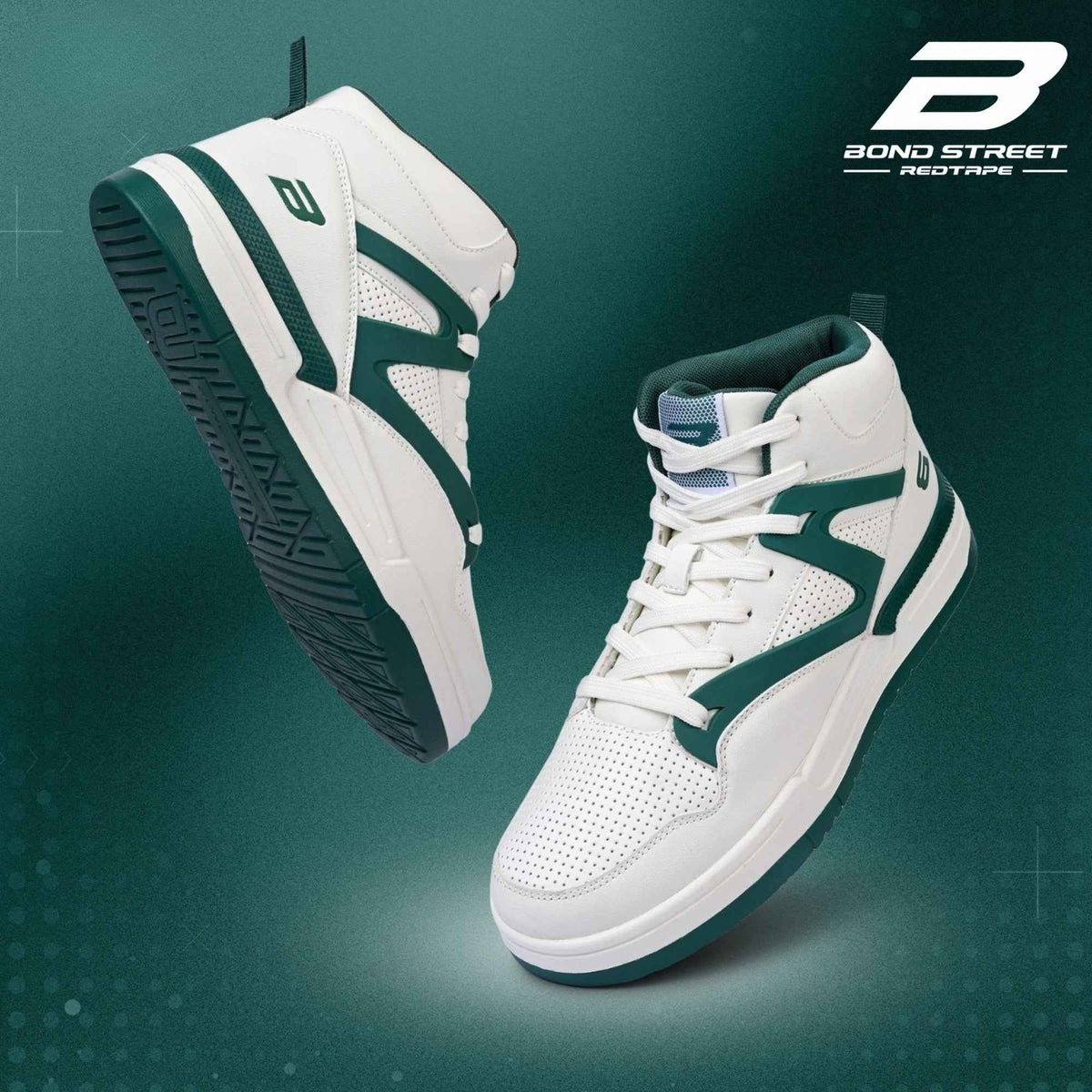 Bond Street Men's White and Green Casual Sneakers — white lace-up sneaker with green accent, PU upper construction