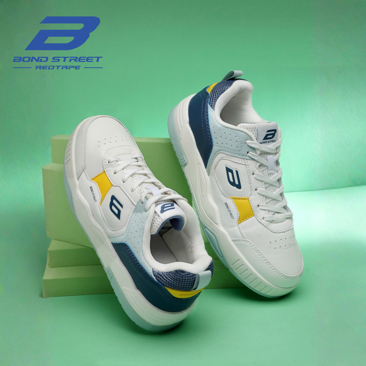 Bond Street Men's White and Yellow Casual Sneakers — white lace-up sneaker with vibrant yellow accent details