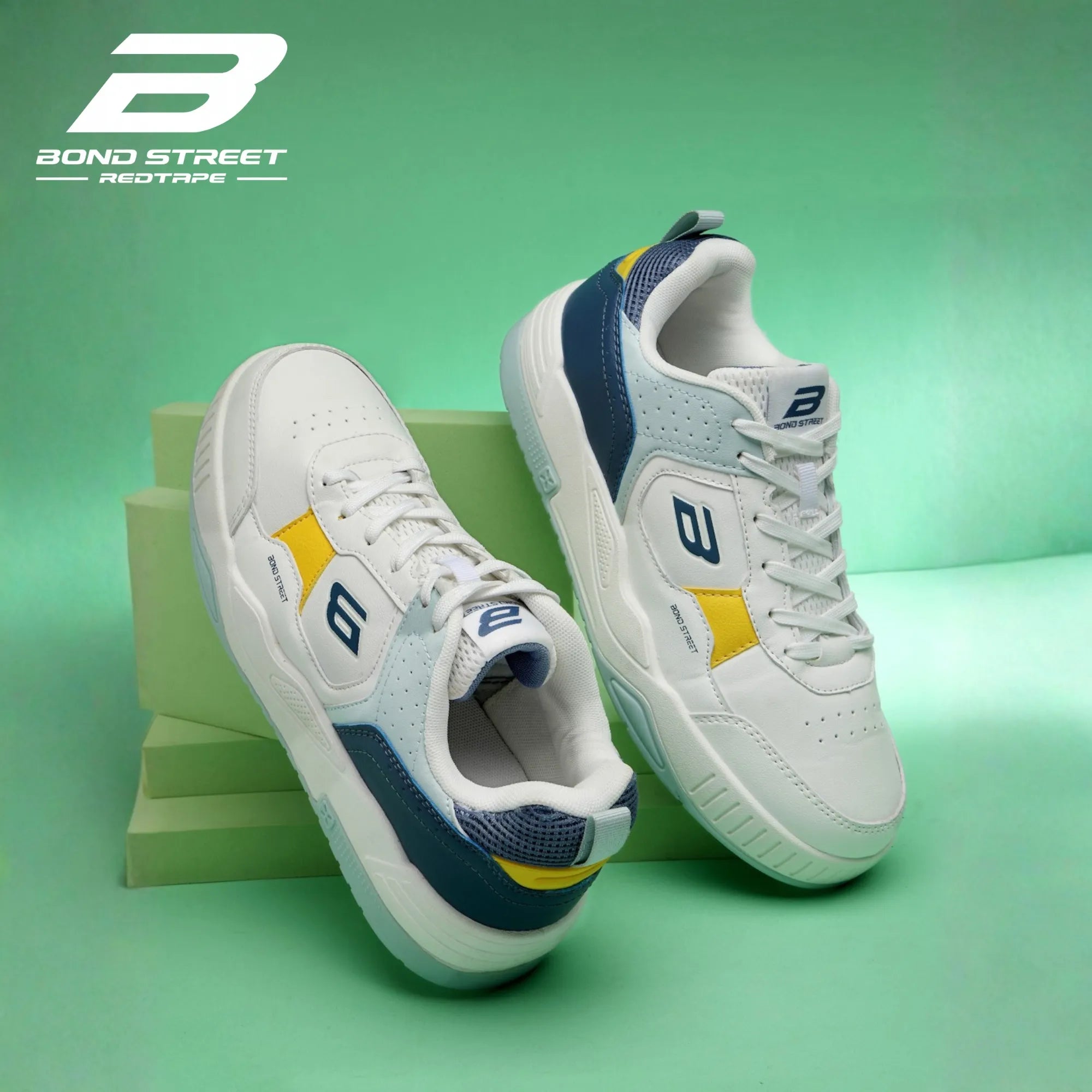Bond Street men's white and yellow casual sneaker, side profile