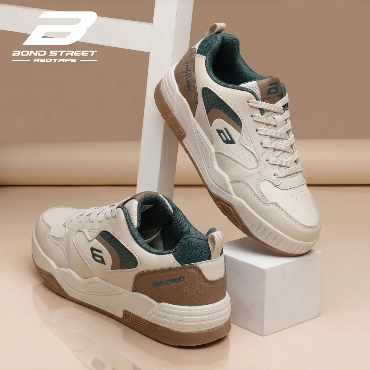 Bond Street men's off-white and brown casual sneakers styled for jeans and chinos