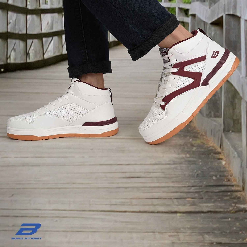 Men's White & Maroon PU Upper Casual Sneakers