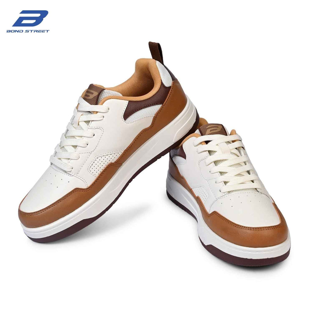 Men's White & Tan PU Casual Sneakers