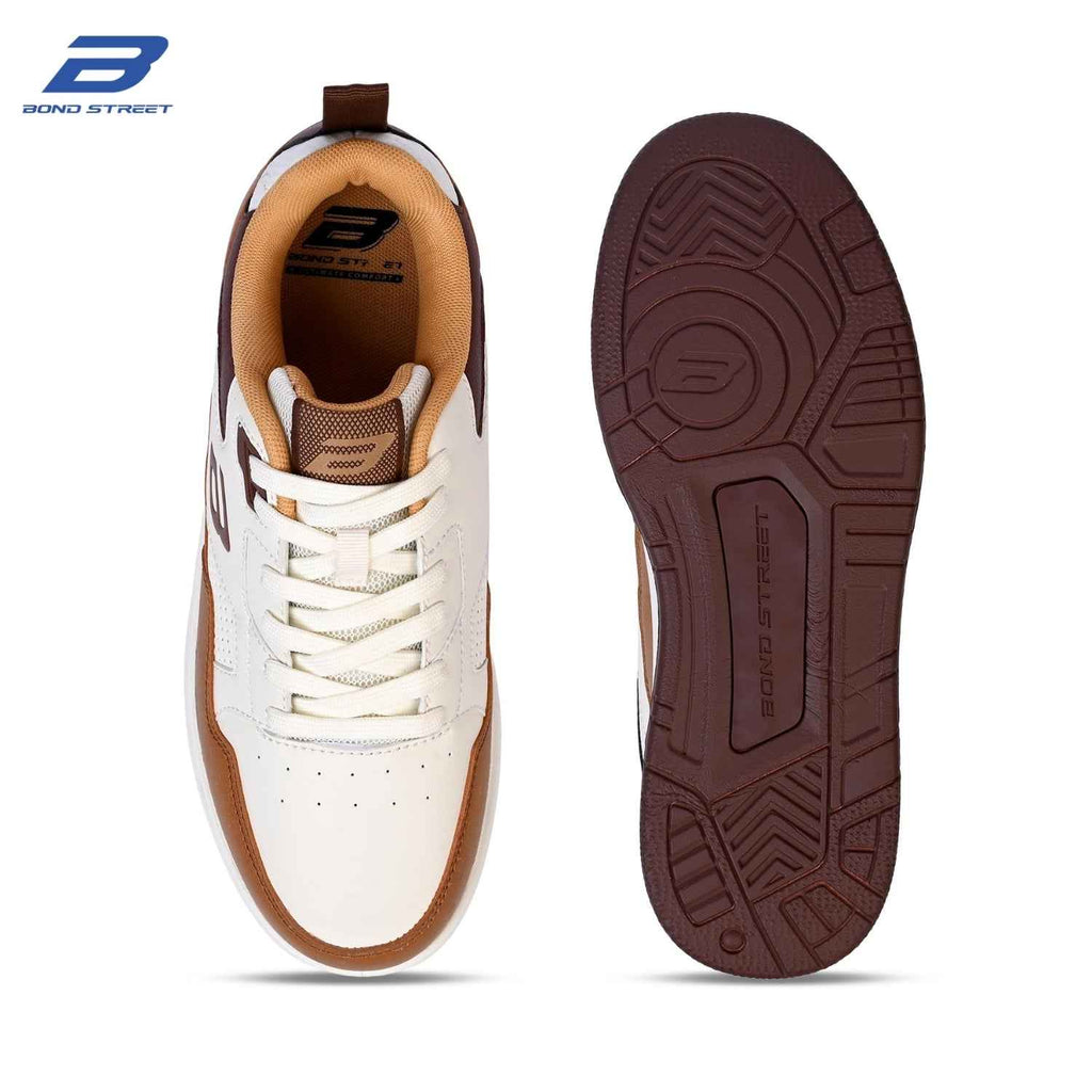 Men's White & Tan PU Casual Sneakers