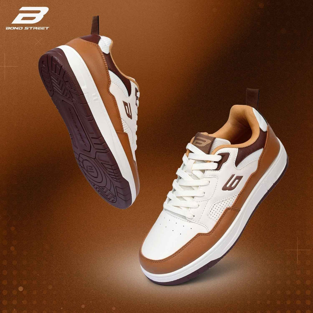 Men's White & Tan PU Casual Sneakers