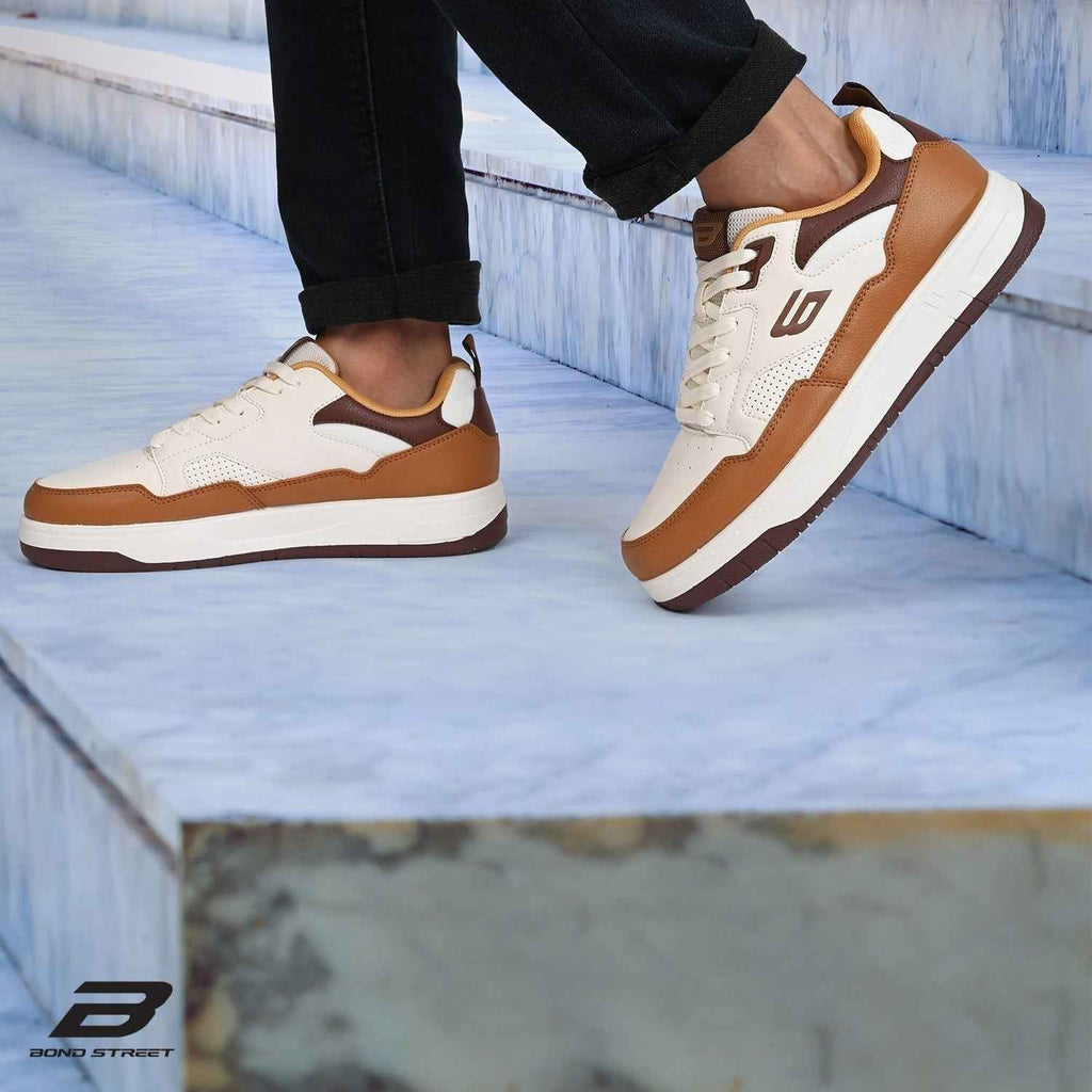 Men's White & Tan PU Casual Sneakers