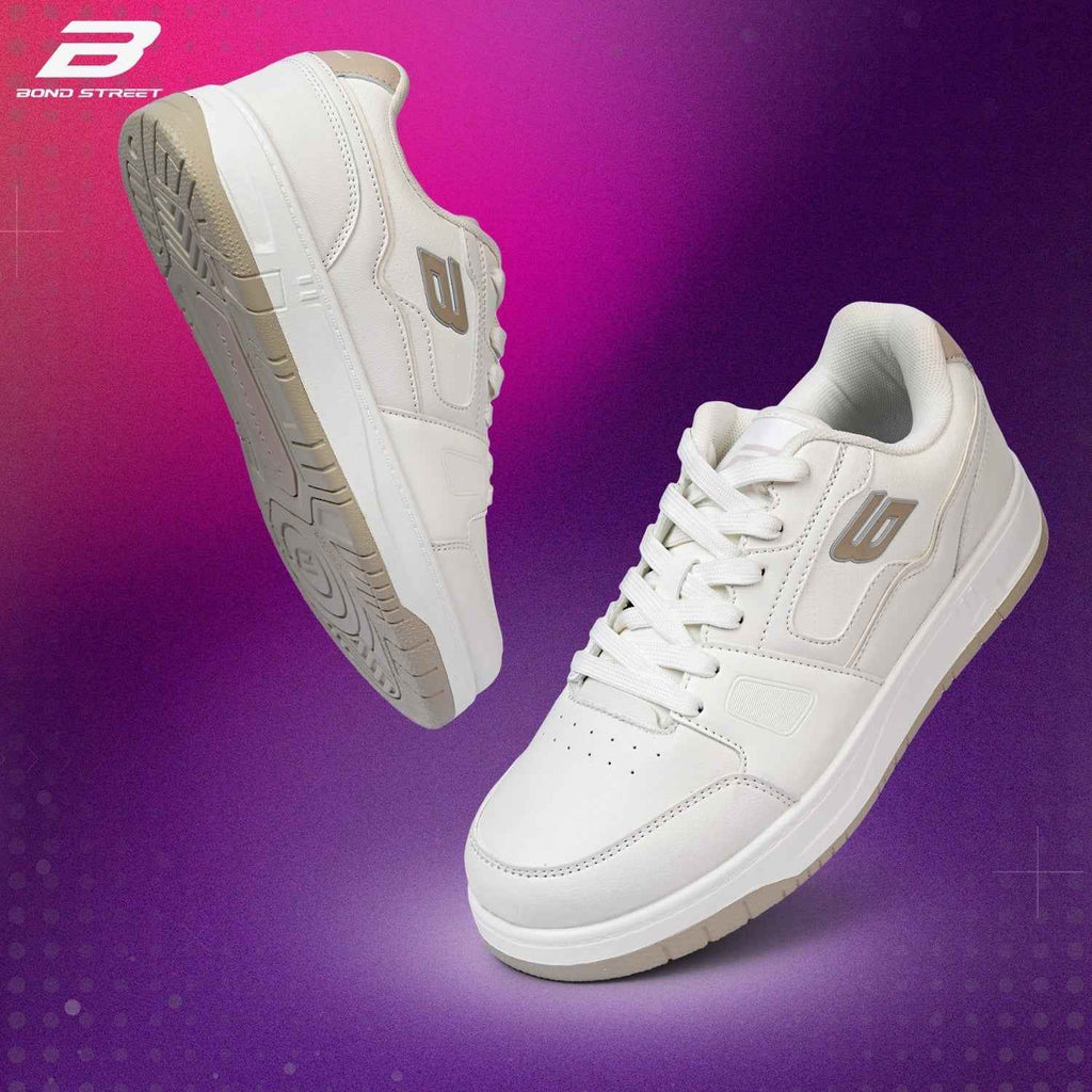 Men's White & Beige PU Casual Sneakers