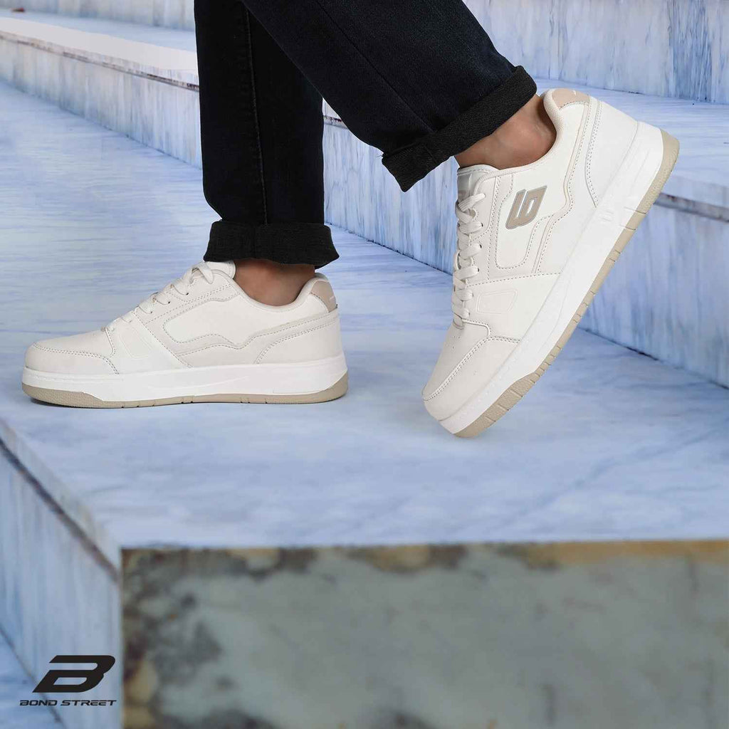 Men's White & Beige PU Casual Sneakers