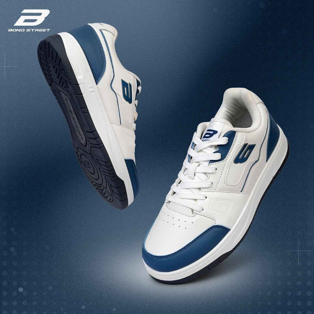 Men's White & Blue PU Casual Sneakers