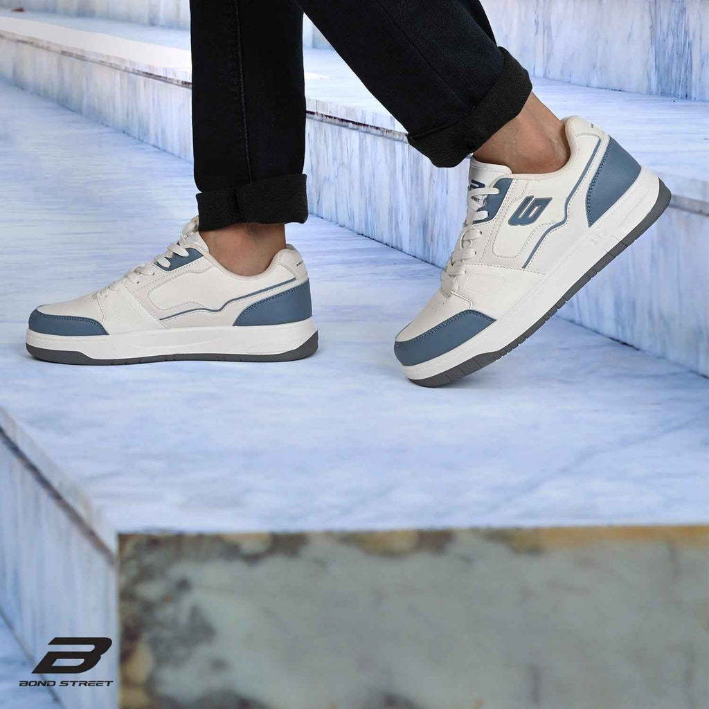 Men's White & Blue PU Casual Sneakers