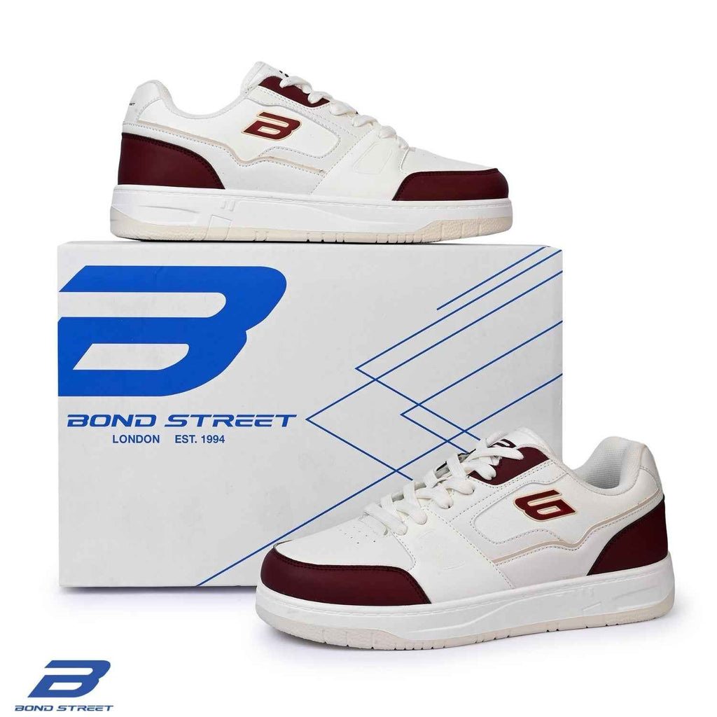 Men's White & Maroon PU Casual Sneakers