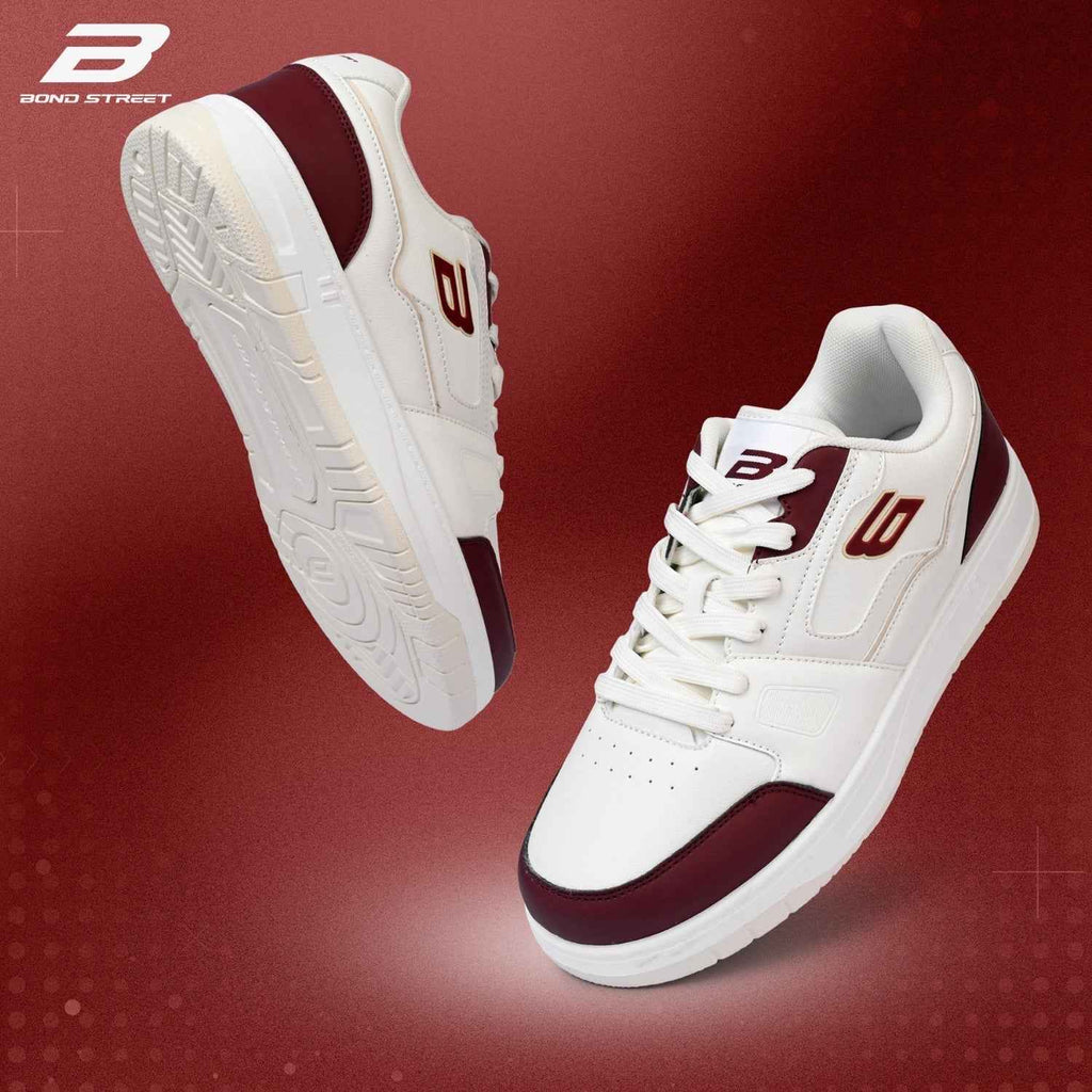 Men's White & Maroon PU Casual Sneakers