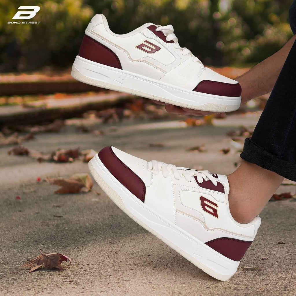 Men's White & Maroon PU Casual Sneakers