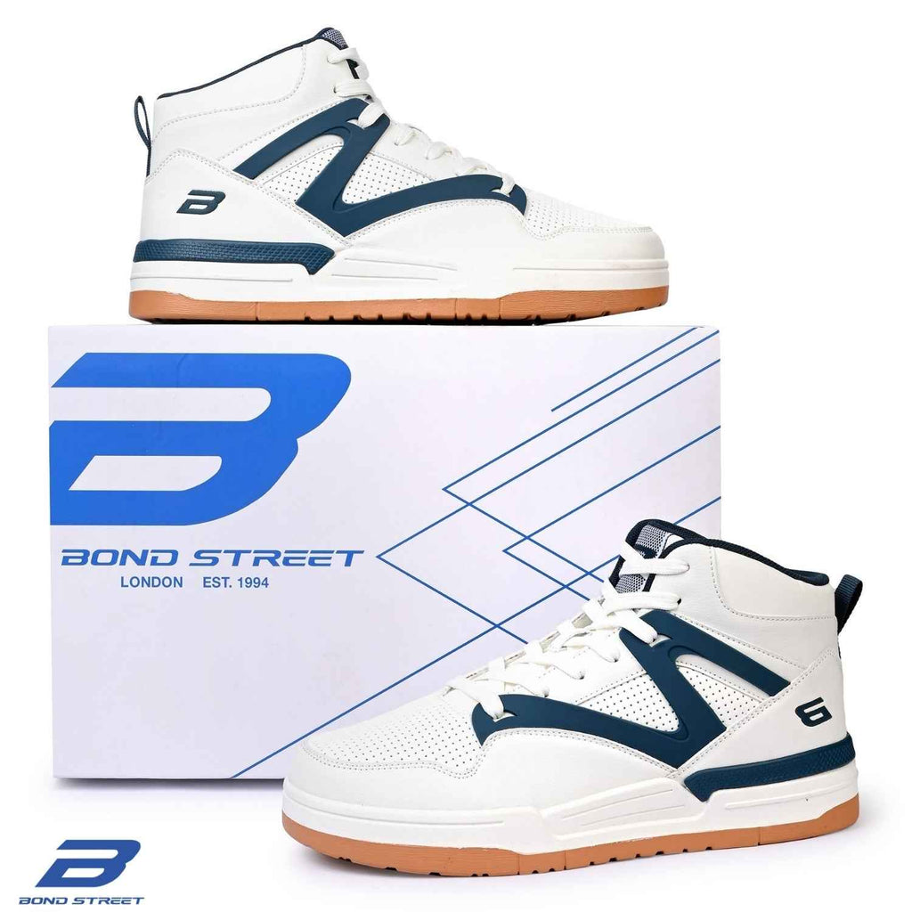 Men's White & Blue PU Upper Casual Sneakers
