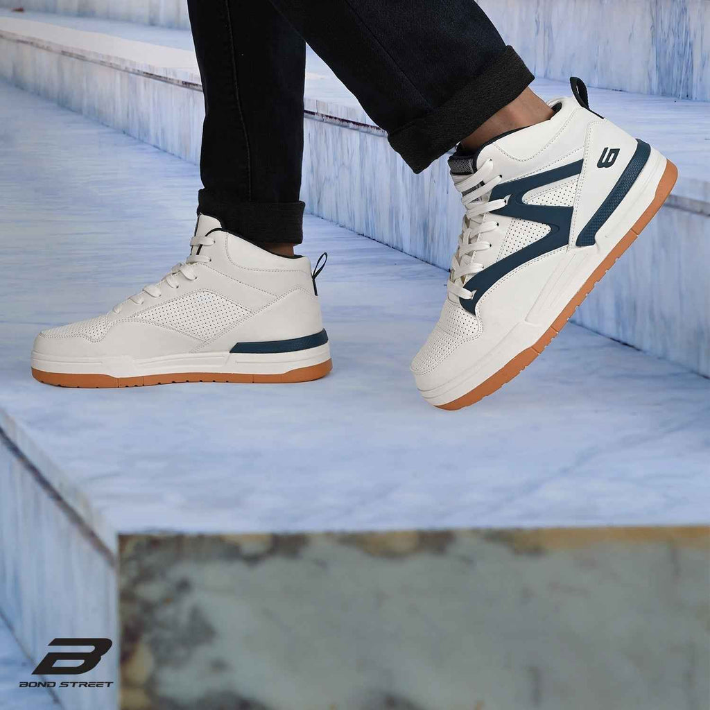 Men's White & Blue PU Upper Casual Sneakers