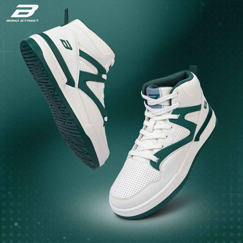 Men's White & Green PU Upper Casual Sneakers