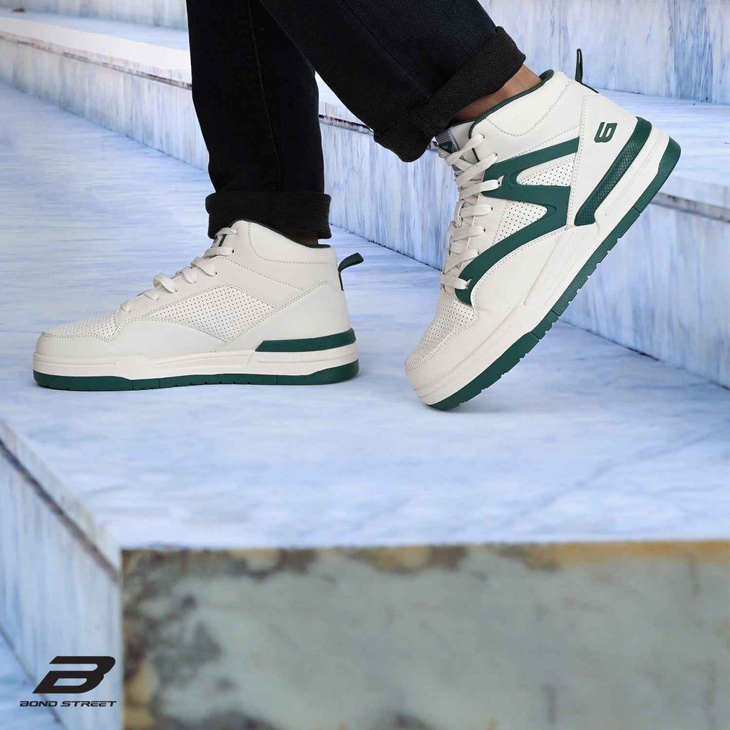 Men's White & Green PU Upper Casual Sneakers
